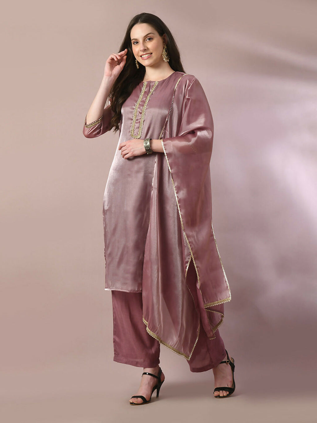 Myshka Women's Brown Solid Straight Party Kurta Set With Dupatta