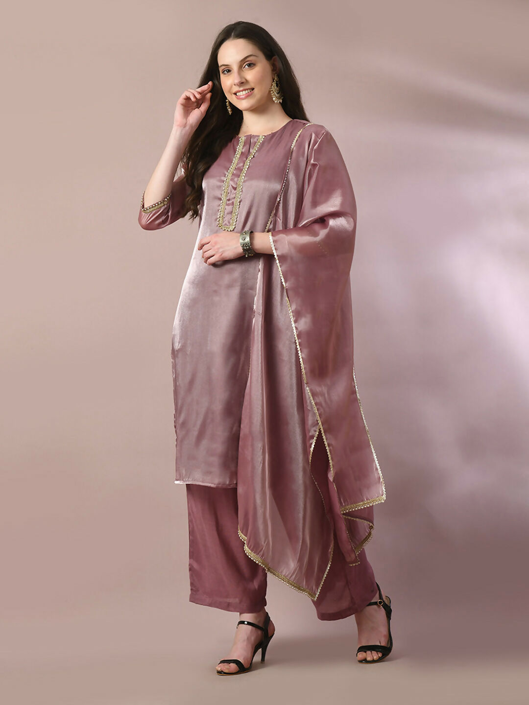 Myshka Women's Brown Solid Straight Party Kurta Set With Dupatta