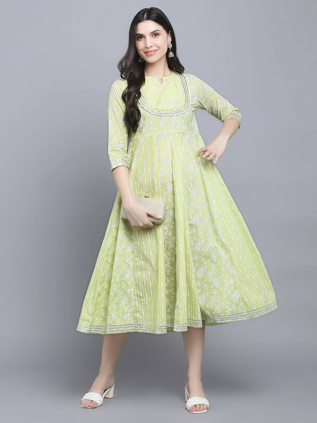 Myshka Women's Green Ethnic Motifs A-Line Midi Dress - Distacart