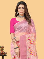 Sangria Pink & White Floral Embroidered Zari Organza Bagh Sarees - Distacart