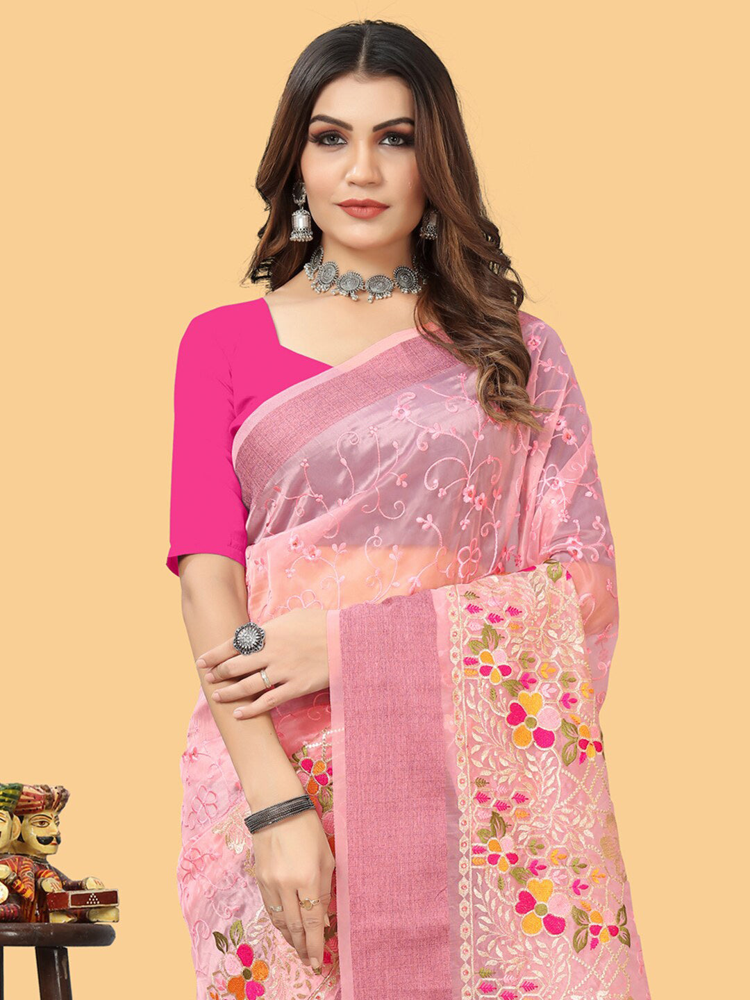 Sangria Pink & White Floral Embroidered Zari Organza Bagh Sarees - Distacart