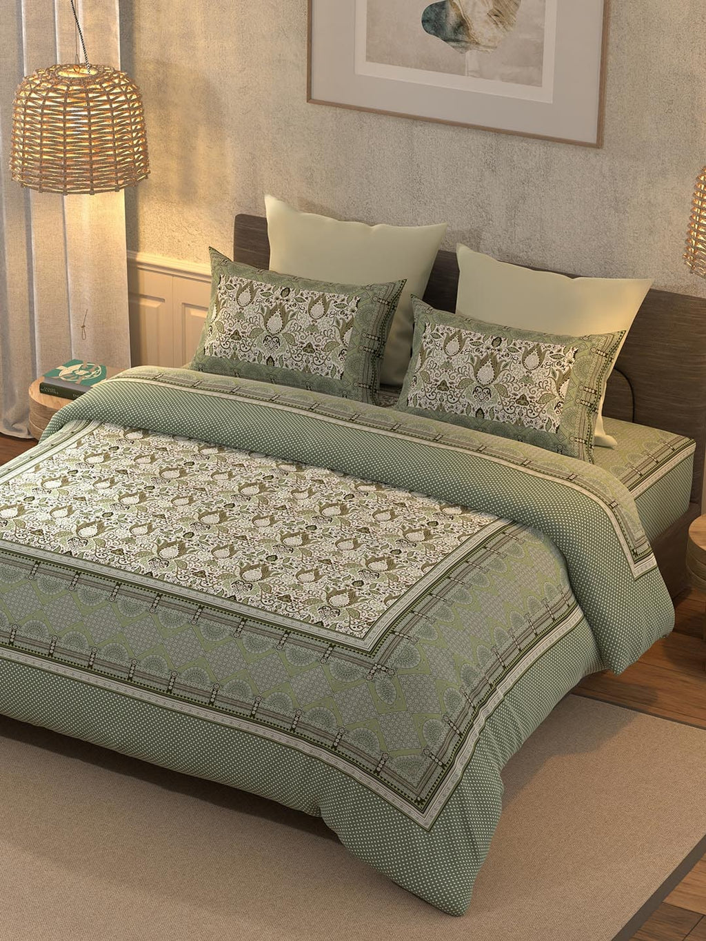 BELLA CASA Teal & Off White Printed 350 TC King Pure Cotton 2 Pillow Covers Bedsheet