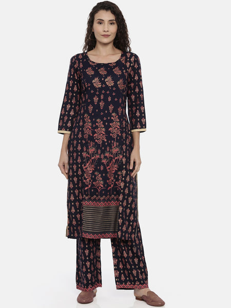 Souchii Navy Blue & Pink Printed Kurta with Palazzos