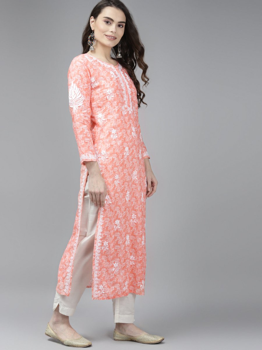 ADA Women Peach-Coloured & White Ethnic Motifs Chikankari Cotton Handloom Kurta