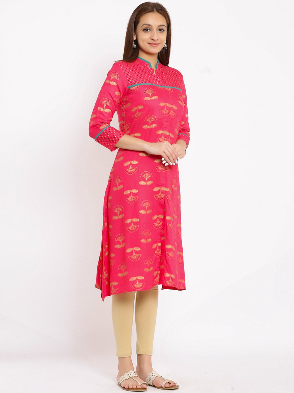 HERE&NOW Coral Mandarin Collar Ethnic Motifs Printed A-Line Kurta