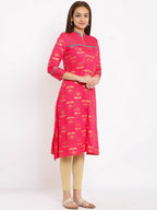 HERE&NOW Coral Mandarin Collar Ethnic Motifs Printed A-Line Kurta