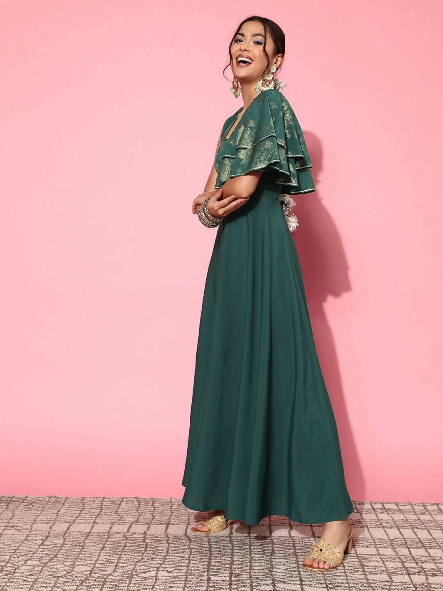 Ahalyaa Gorgeous Green Ethnic Motifs Ruffled Dress - Distacart