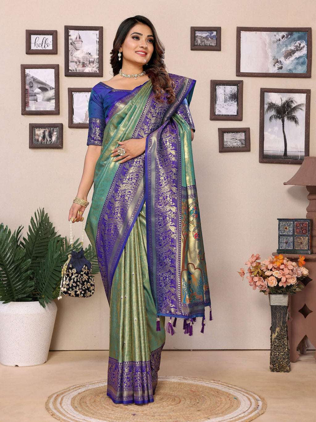 Aastha Fashion Green Tissue Silk Weaving Saree - Distacart