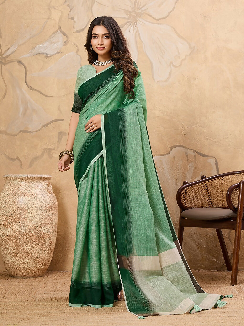 Shree Shyam Fashion Pista Green Linen Saree - Distacart