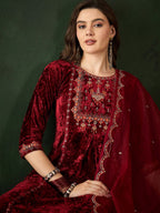 Sangria Embroidered A-Line Kurta & Trousers With Dupatta