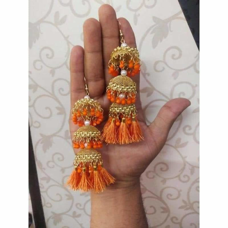 Gold Color Orange Pearls And Silk Threads Hanging Jhumka Earrings