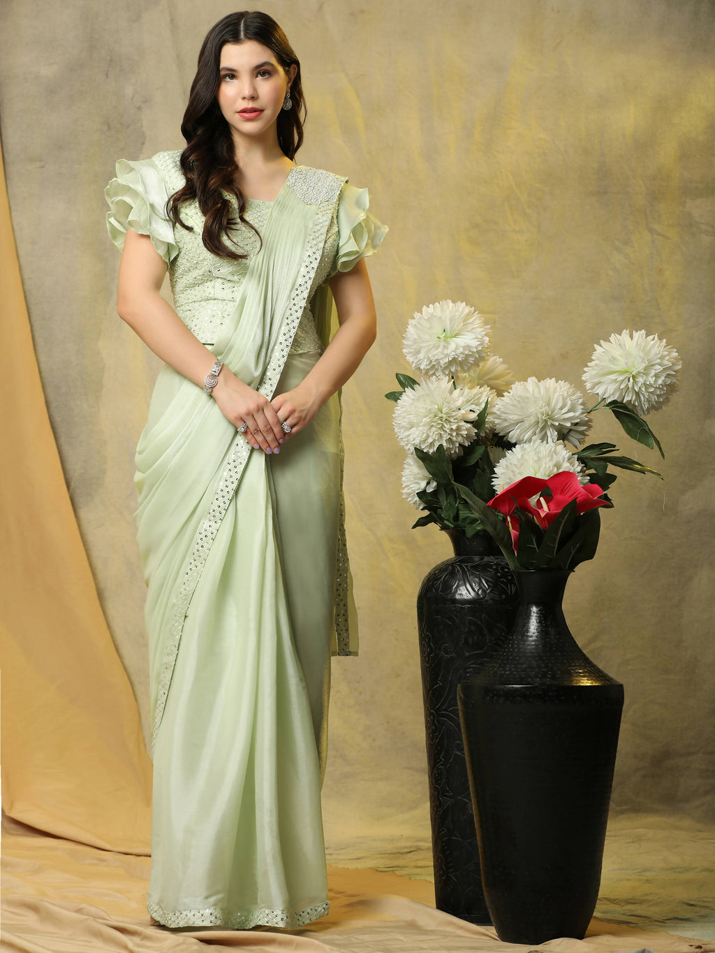 Light Green Silk Satin Sequence Work Ready to Wear Saree with stitched Blouse - Nirvana