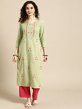 Sangria Women Green Floral Printed Thread Work Floral Kurta