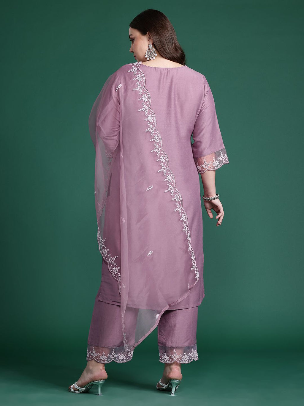 Indo Era Plus Size Floral Embroidered Thread Work Kurta With Trousers & Dupatta - Distacart