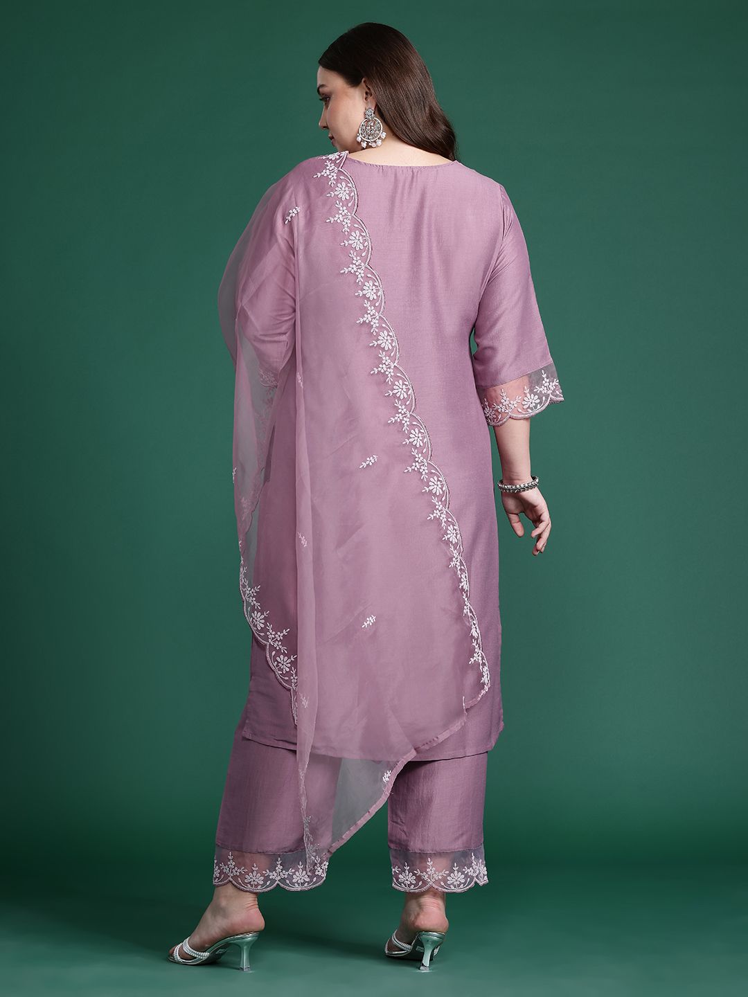 Indo Era Plus Size Floral Embroidered Thread Work Kurta With Trousers & Dupatta - Distacart