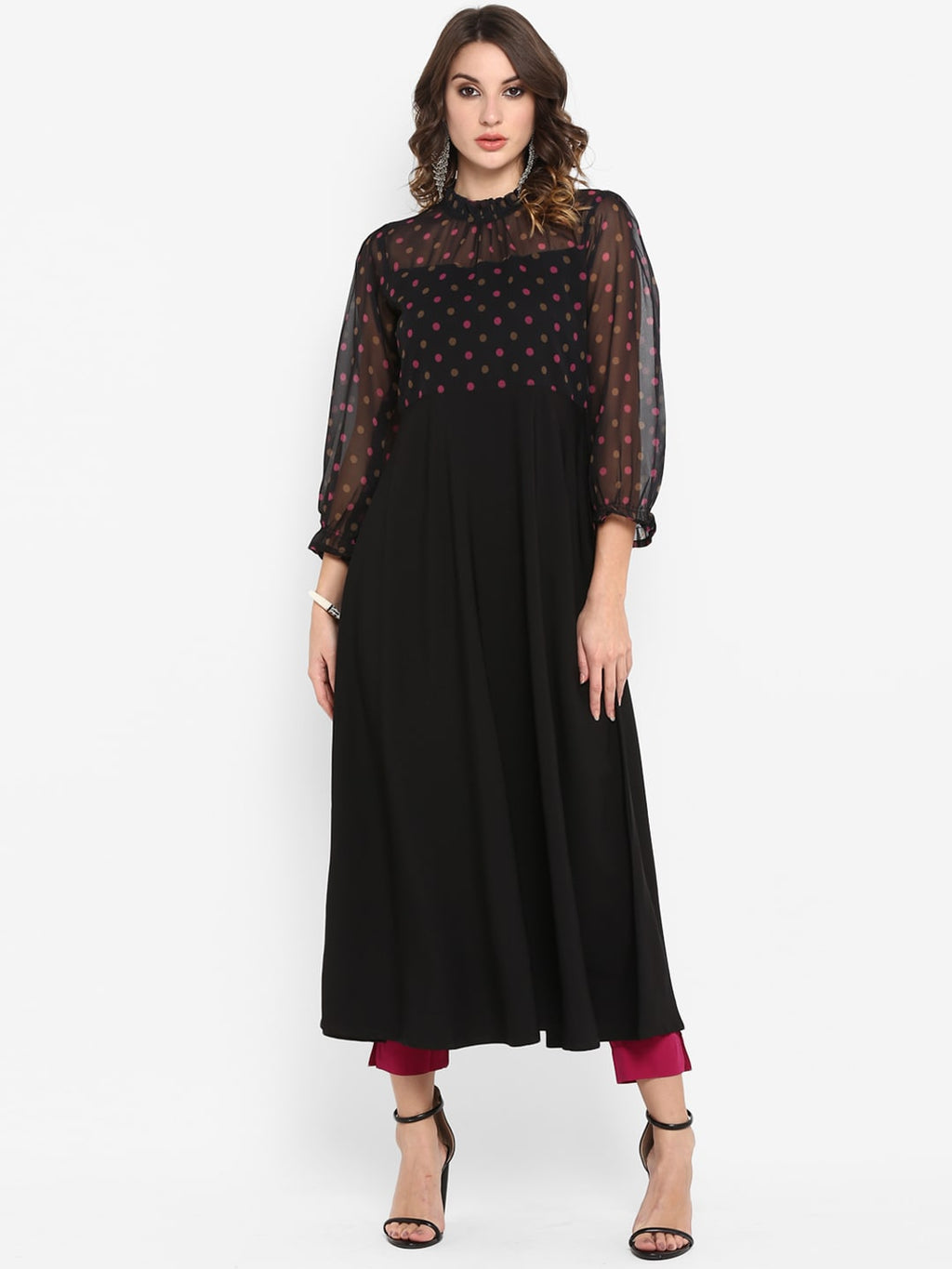 Janasya Black & Pink Printed A-Line Kurta - Distacart