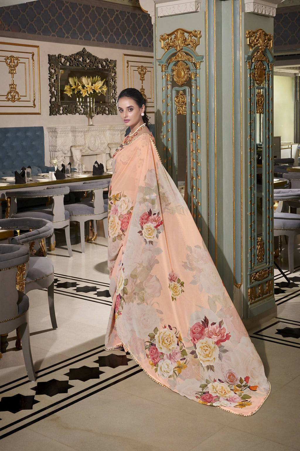 Vastranavya Peach Spectacular Georgette Printed with Pearl Lace Saree with Unstitched Blouse - Distacart