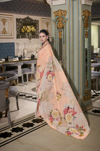 Vastranavya Peach Spectacular Georgette Printed with Pearl Lace Saree with Unstitched Blouse - Distacart