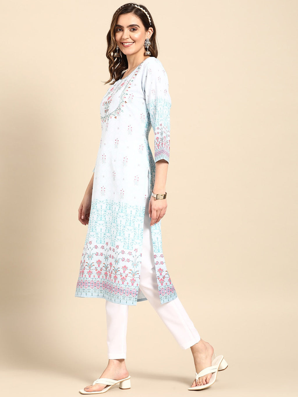Sangria Women Turquoise Blue Floral Embroidered Kurta
