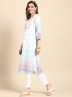 Sangria Women Turquoise Blue Floral Embroidered Kurta
