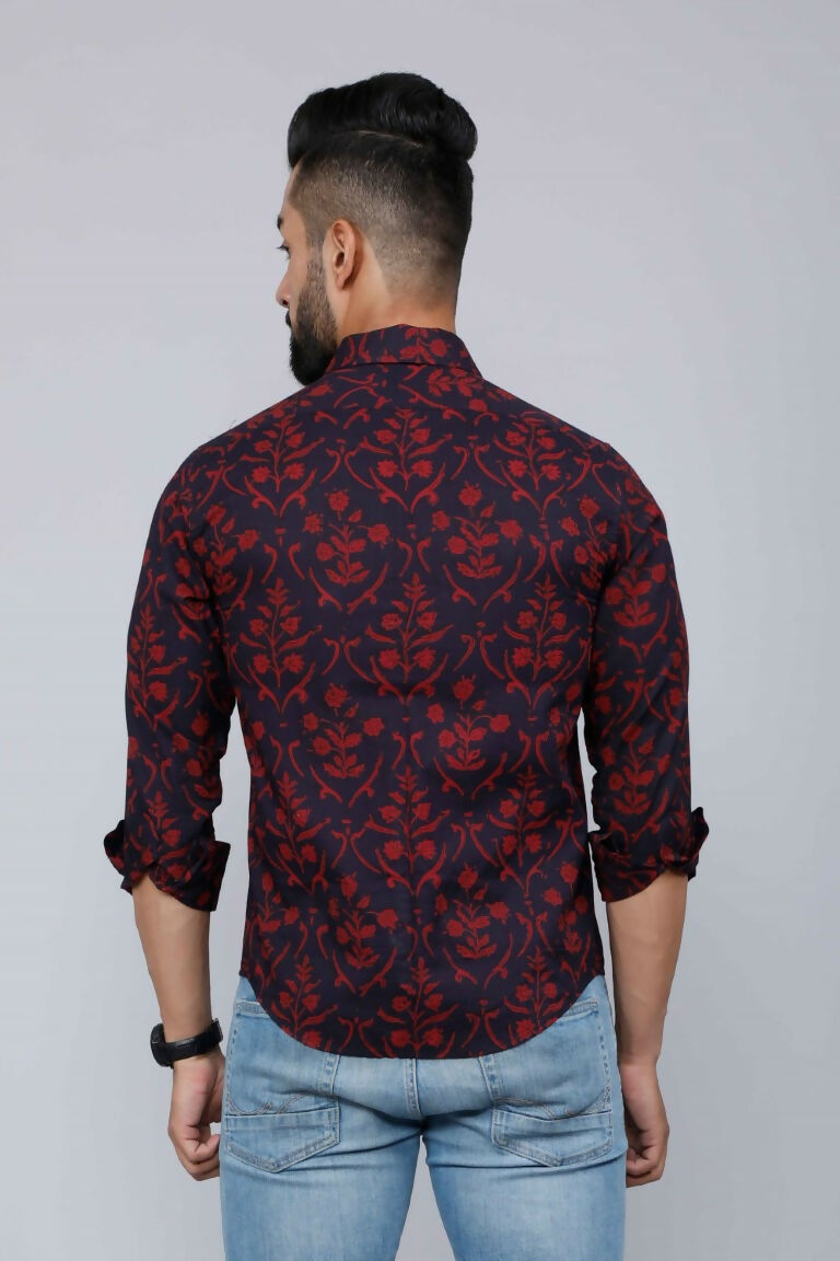 Miravan Men's Maroon Floral Printed Casual Full Sleeves Cotton Shirt