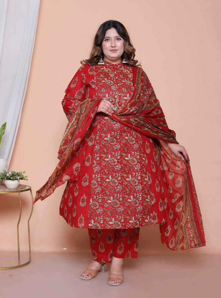 Miravan Women Floral Print Cotton Maroon Stitched Kurta Palazzo With Dupatta Set - Distacart