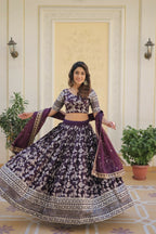 Vastranavya Designer Dyeable Pure Viscose Jacquard Fabric Lehenga Choli & Dupatta Set - Wine