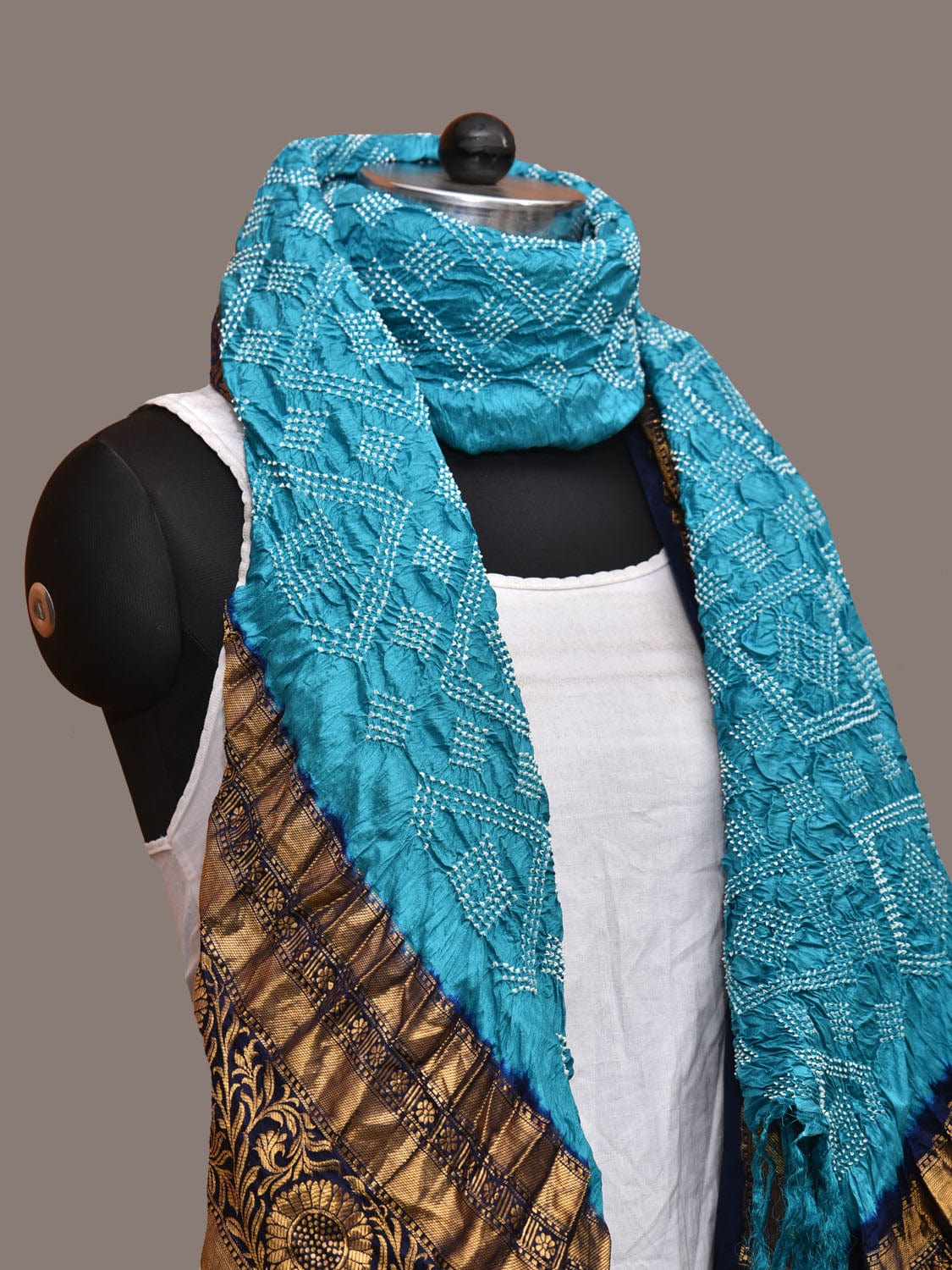 Dark Blue and Blue Bandhani Kanchipuram Silk Handloom Dupatta with Border Design - Global Threads