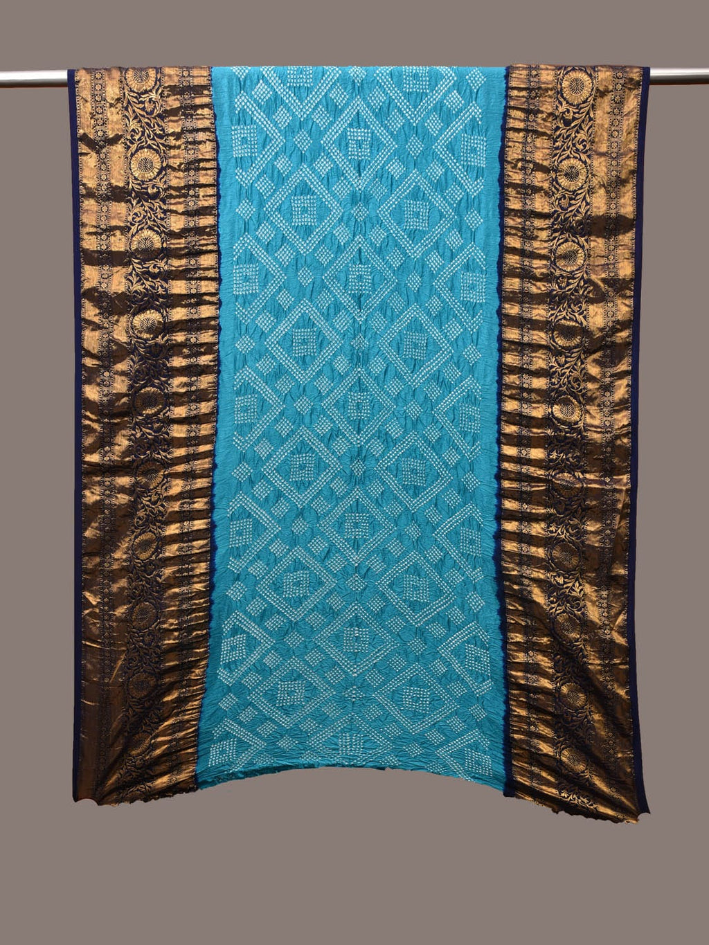 Dark Blue and Blue Bandhani Kanchipuram Silk Handloom Dupatta with Border Design - Global Threads
