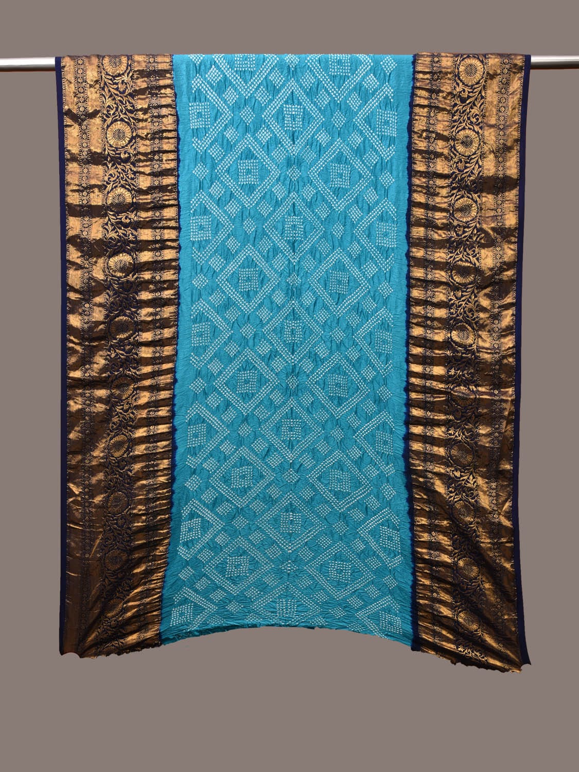 Dark Blue and Blue Bandhani Kanchipuram Silk Handloom Dupatta with Border Design - Global Threads