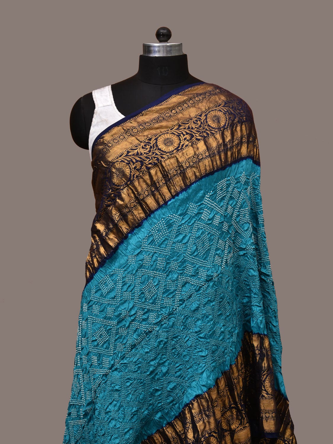 Dark Blue and Blue Bandhani Kanchipuram Silk Handloom Dupatta with Border Design - Global Threads