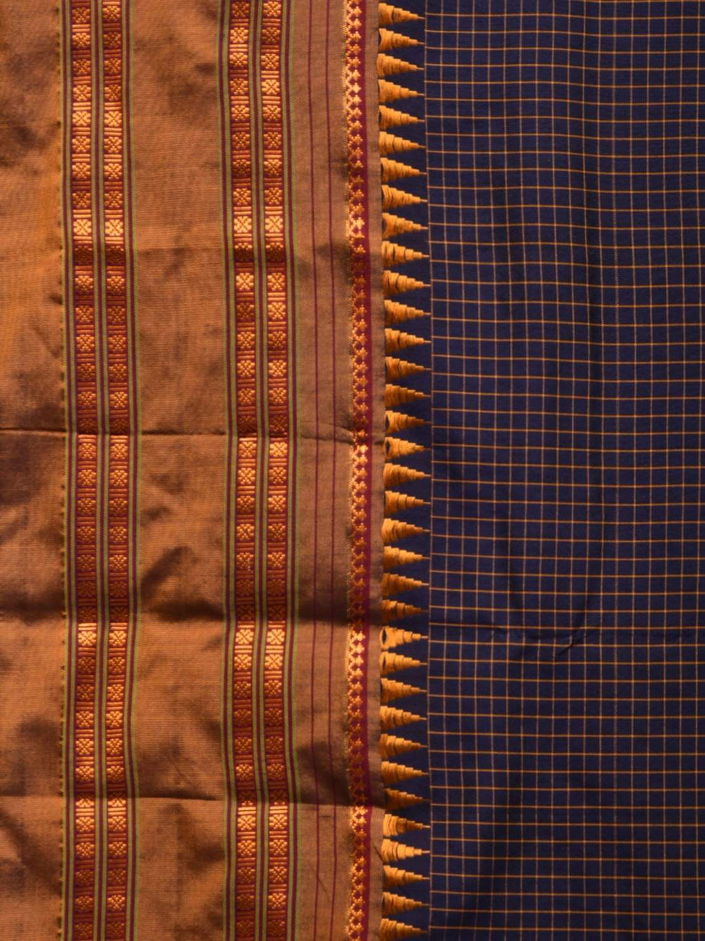 Dark Blue and Mustard Narayanpet Silk Handloom Saree with Checks Design No Blouse - Global Threads