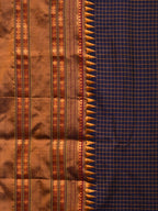 Dark Blue and Mustard Narayanpet Silk Handloom Saree with Checks Design No Blouse - Global Threads