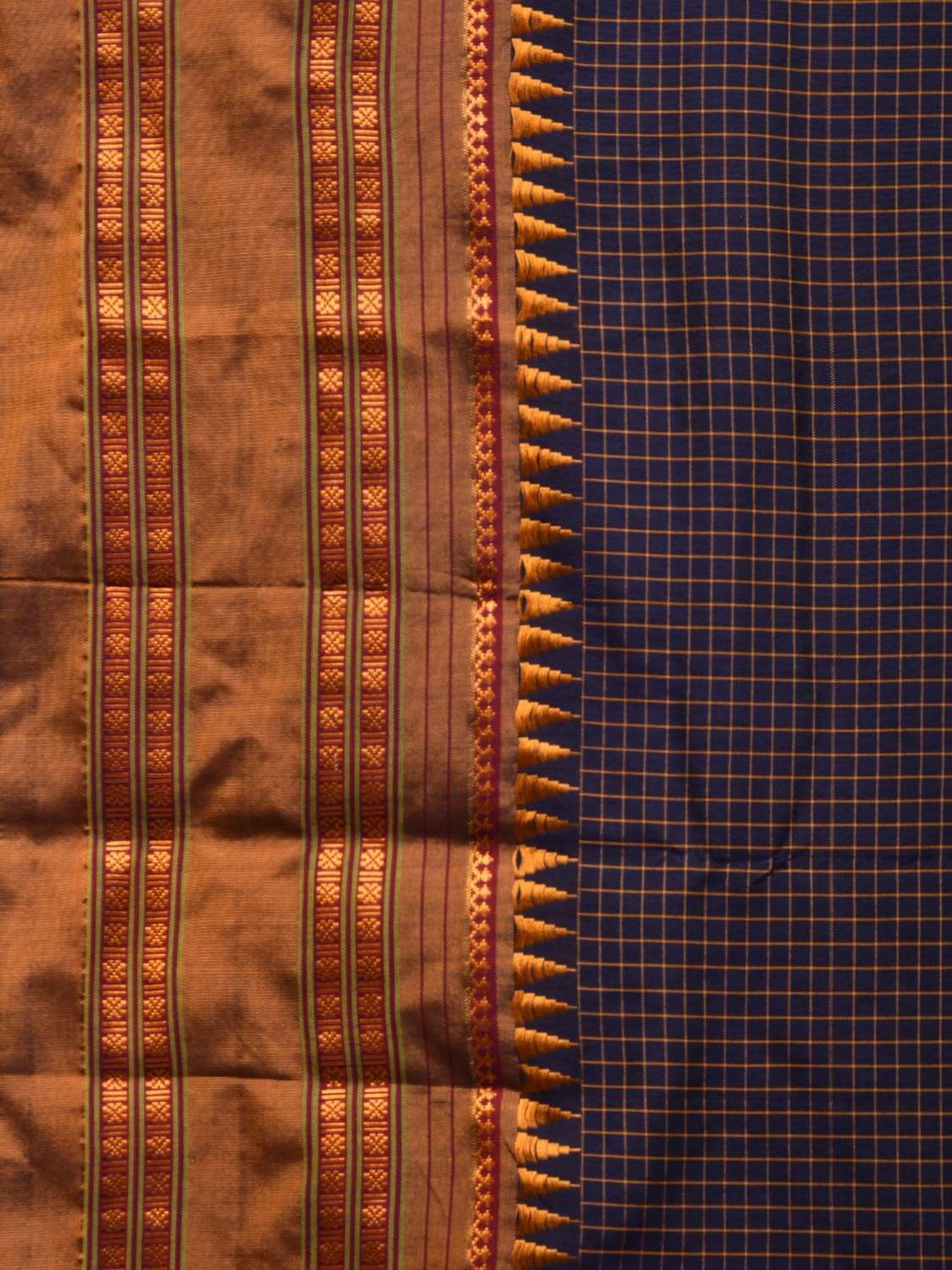 Dark Blue and Mustard Narayanpet Silk Handloom Saree with Checks Design No Blouse - Global Threads