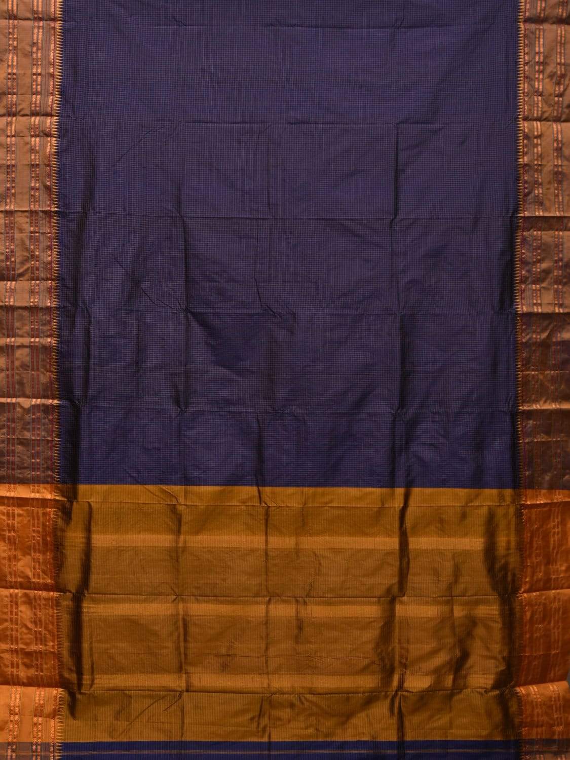 Dark Blue and Mustard Narayanpet Silk Handloom Saree with Checks Design No Blouse - Global Threads