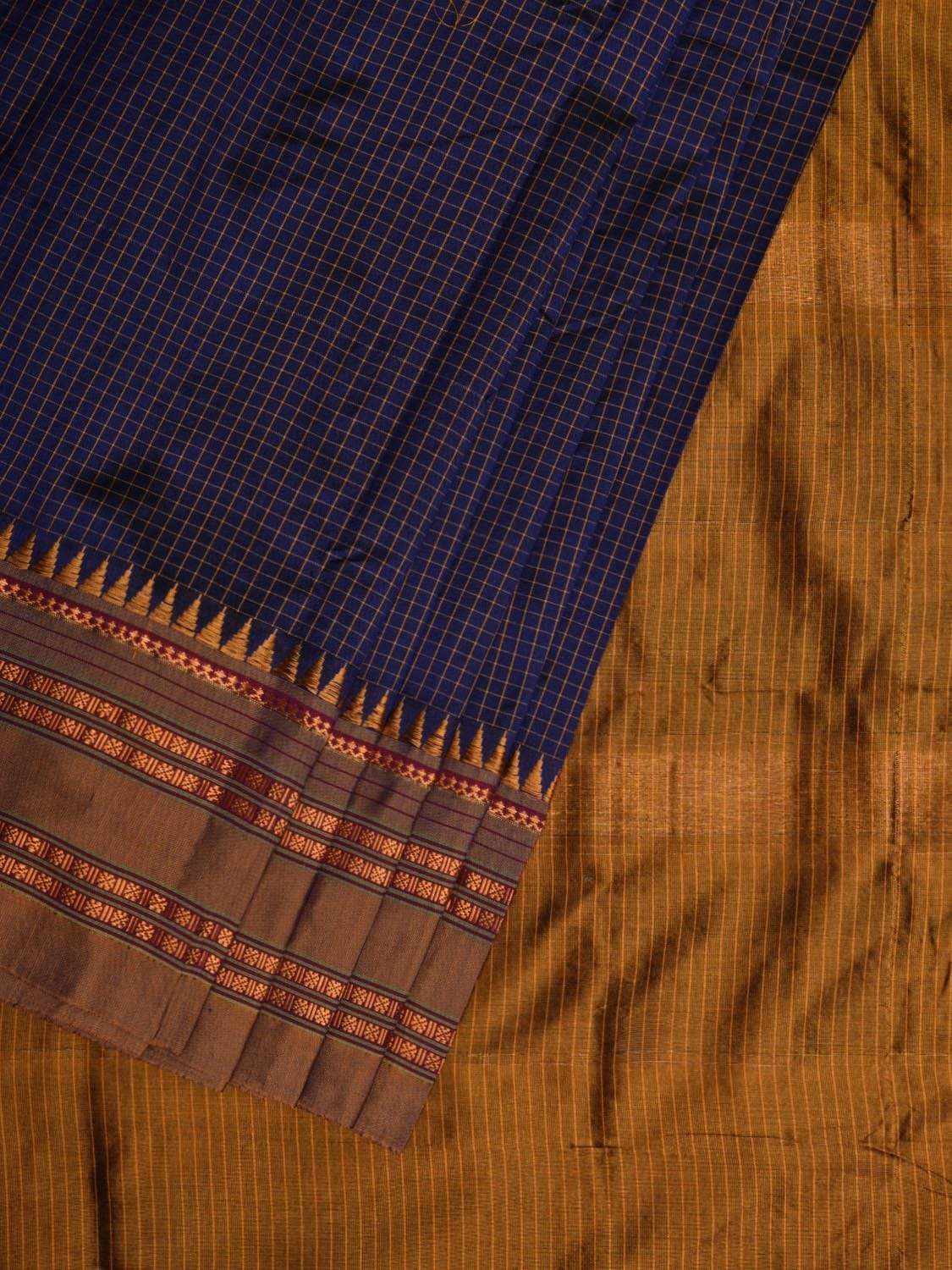 Dark Blue and Mustard Narayanpet Silk Handloom Saree with Checks Design No Blouse - Global Threads