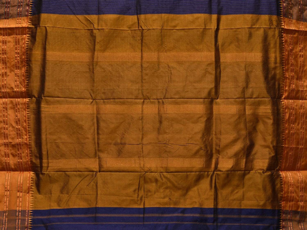 Dark Blue and Mustard Narayanpet Silk Handloom Saree with Checks Design No Blouse - Global Threads