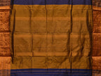 Dark Blue and Mustard Narayanpet Silk Handloom Saree with Checks Design No Blouse - Global Threads