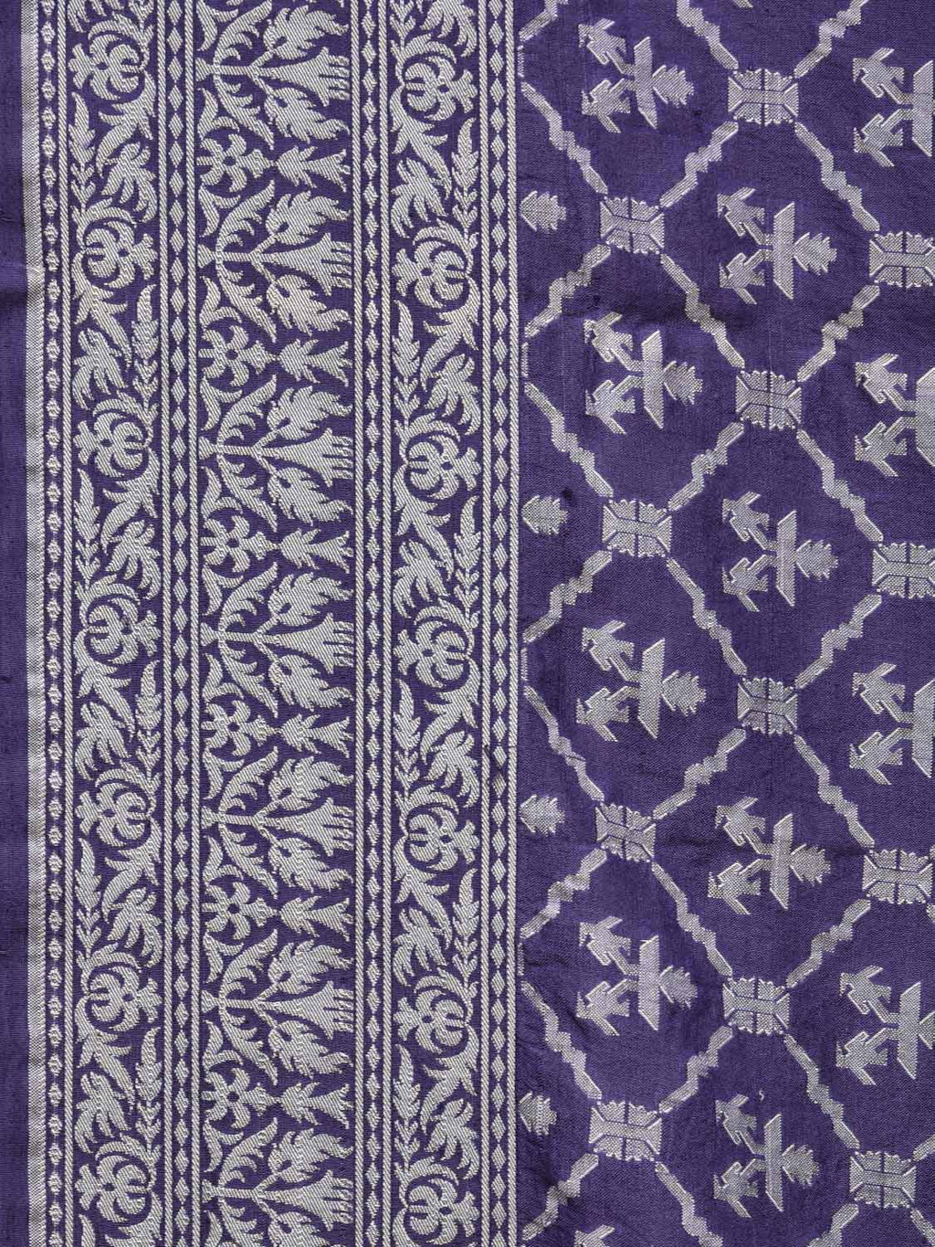 Dark Blue Cut Work Tussar Cotton Handloom Saree with All Over Jamdani Style Design - Global Threads
