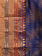 Dark Blue Narayanpet Silk Handloom Saree with Checks Design No Blouse - Global Threads