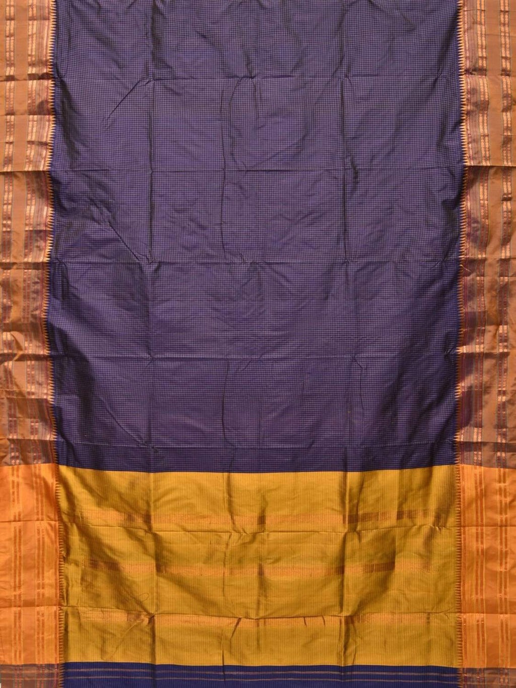 Dark Blue Narayanpet Silk Handloom Saree with Checks Design No Blouse - Global Threads