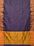 Dark Blue Narayanpet Silk Handloom Saree with Checks Design No Blouse - Global Threads