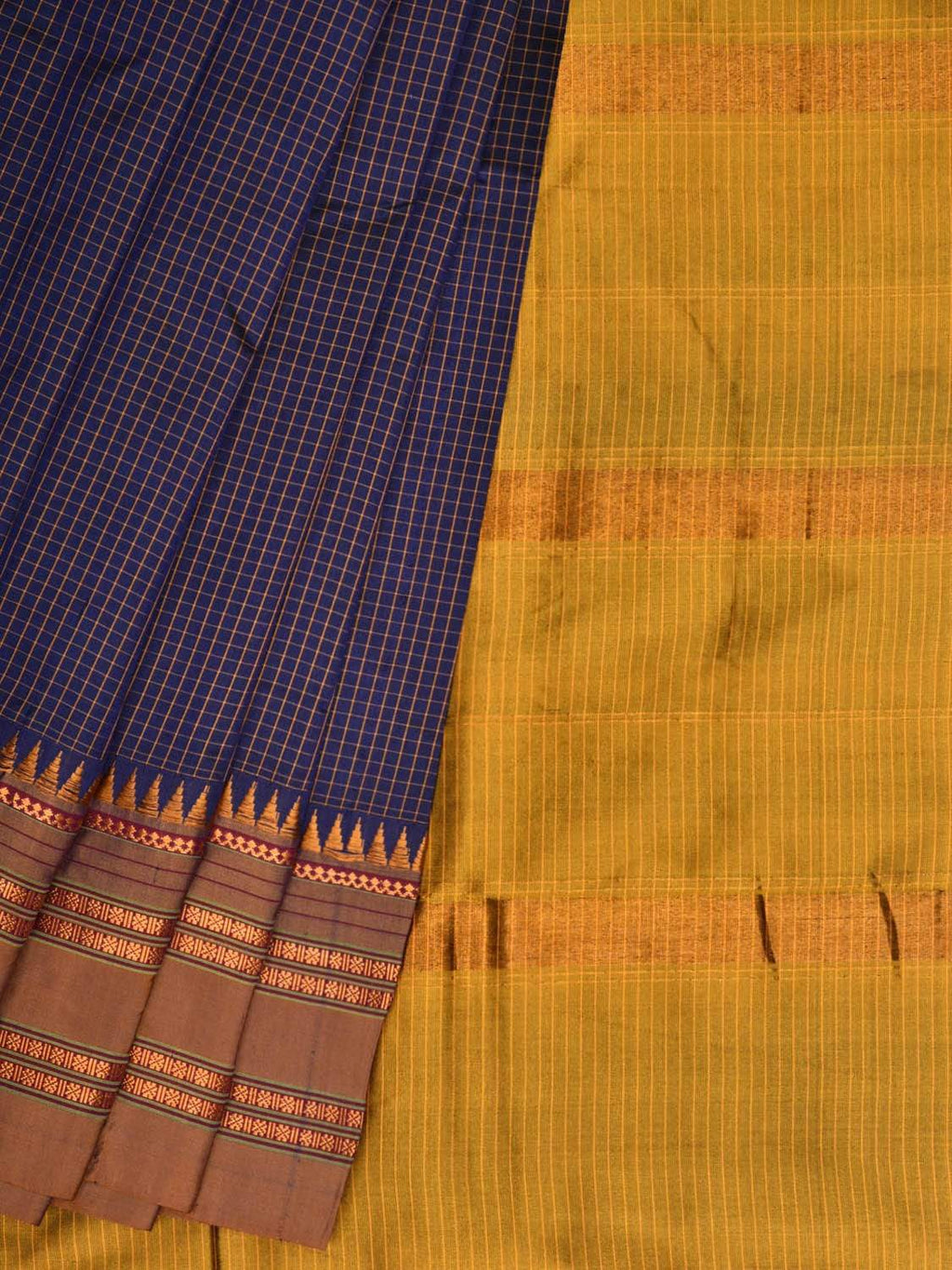 Dark Blue Narayanpet Silk Handloom Saree with Checks Design No Blouse - Global Threads