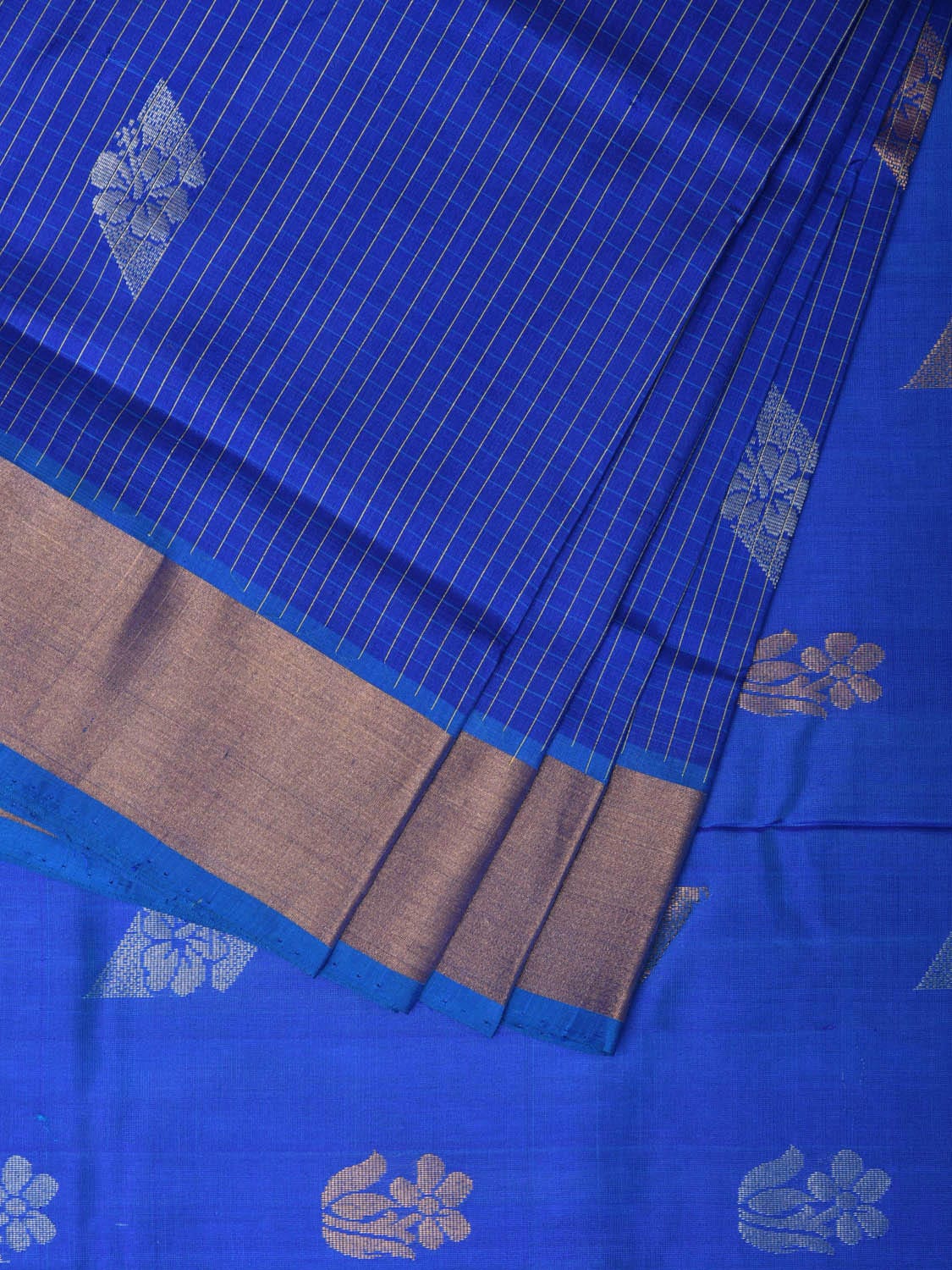 Dark Blue Uppada Silk Handloom Saree with Body Buta and Checks Design - Global Threads