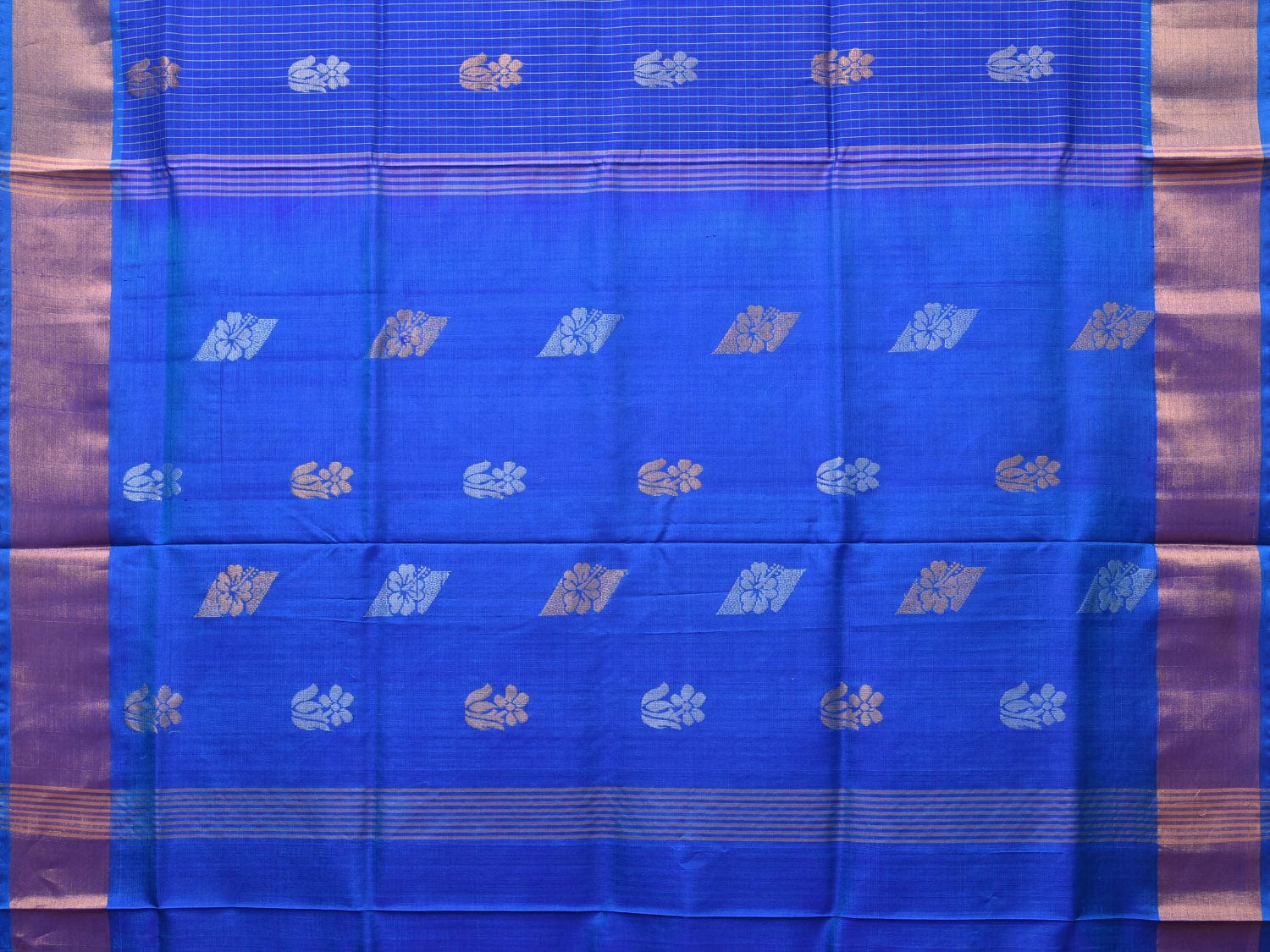 Dark Blue Uppada Silk Handloom Saree with Body Buta and Checks Design - Global Threads