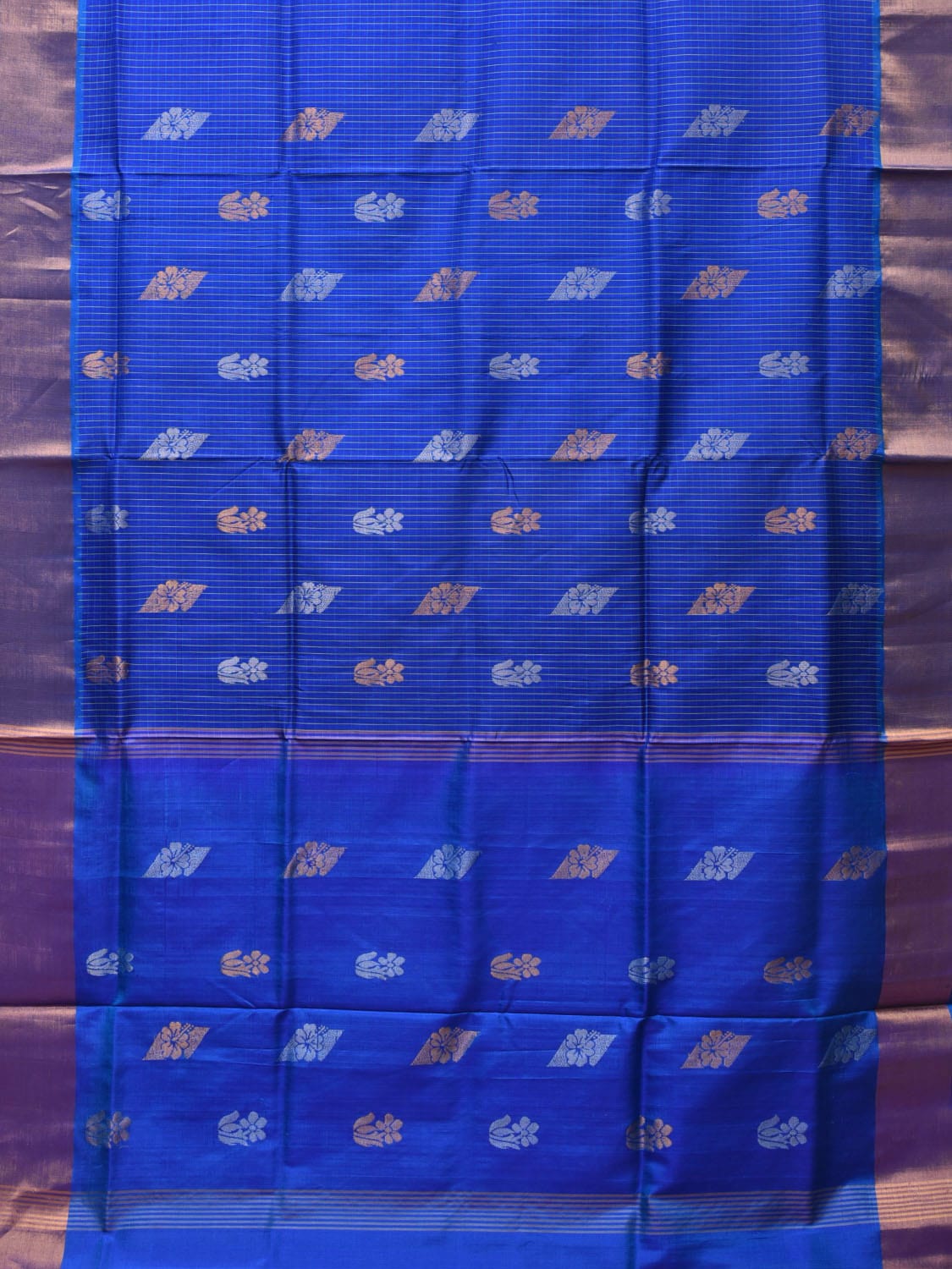 Dark Blue Uppada Silk Handloom Saree with Body Buta and Checks Design - Global Threads