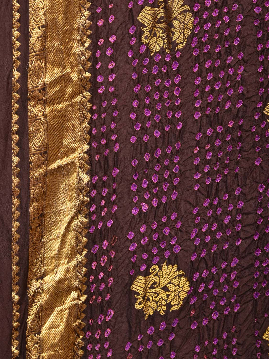 Dark Brown Bandhani Kanchipuram Silk Handloom Saree with Mango Pallu Design - Global Threads