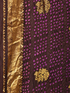 Dark Brown Bandhani Kanchipuram Silk Handloom Saree with Mango Pallu Design - Global Threads