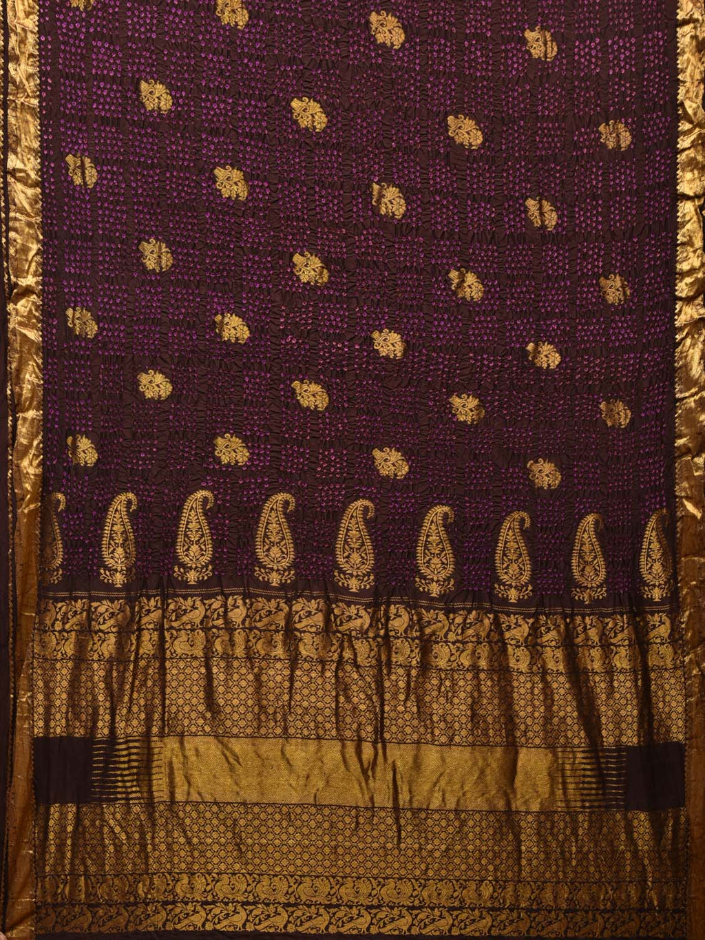 Dark Brown Bandhani Kanchipuram Silk Handloom Saree with Mango Pallu Design - Global Threads