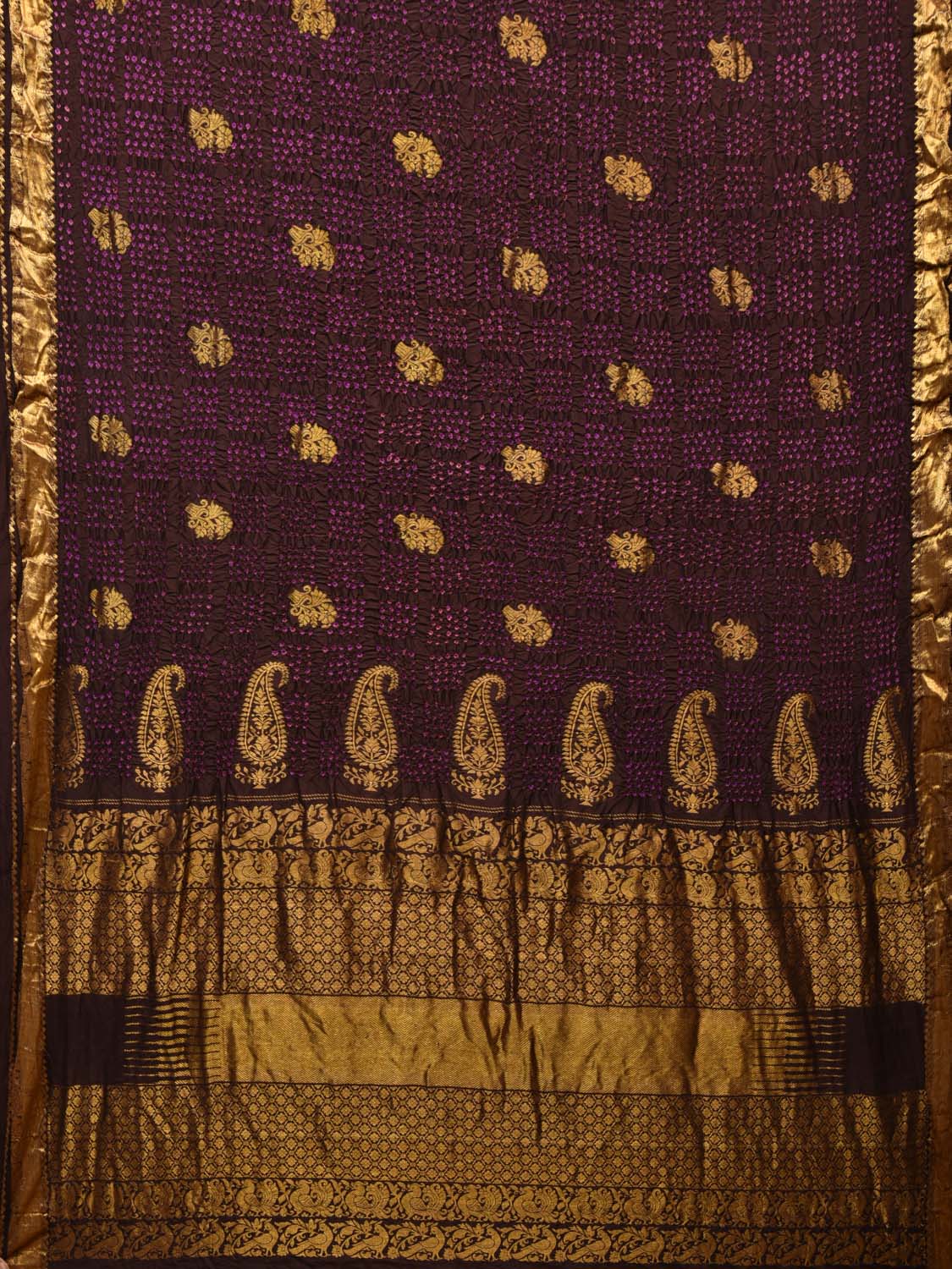 Dark Brown Bandhani Kanchipuram Silk Handloom Saree with Mango Pallu Design - Global Threads